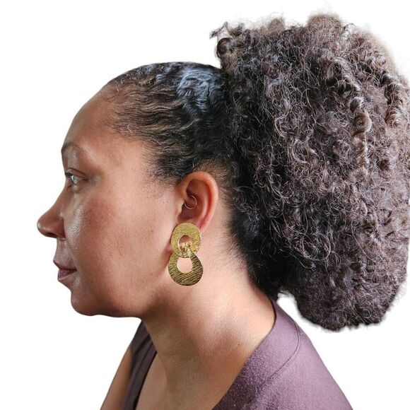 Vintage KJL Gold-Tone Textured Double Circle Clip-On Earrings | Boho Style | 2" - Picture 5 of 9